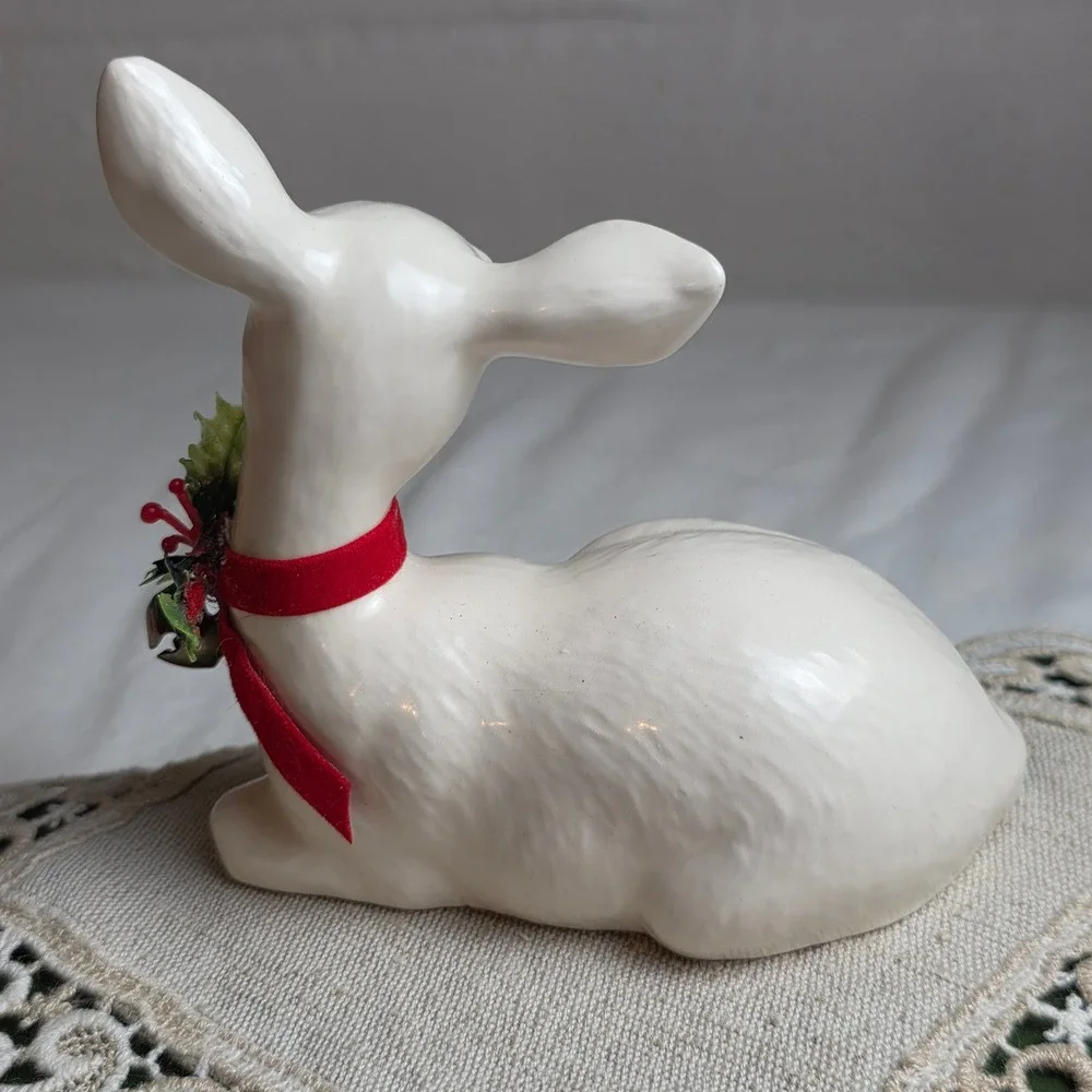 Vintage Enesco White Glossy Ceramic Deer Christmas Figurine
